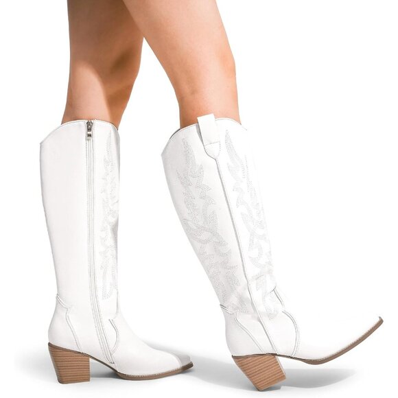 DREAM PAIRS Womens White Cowboy Boots Wide Calf Knee High Ladies - Picture 7 of 7